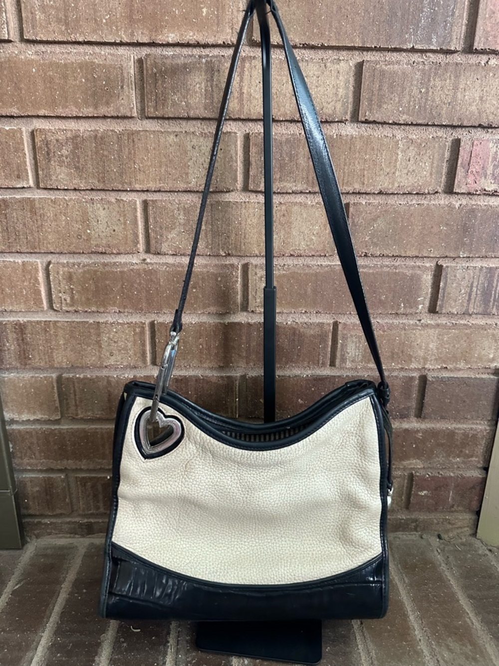 Brighton Cream Pebble Black Croc Leather Heart Hobo Shoulder Bag Vintage Y2K